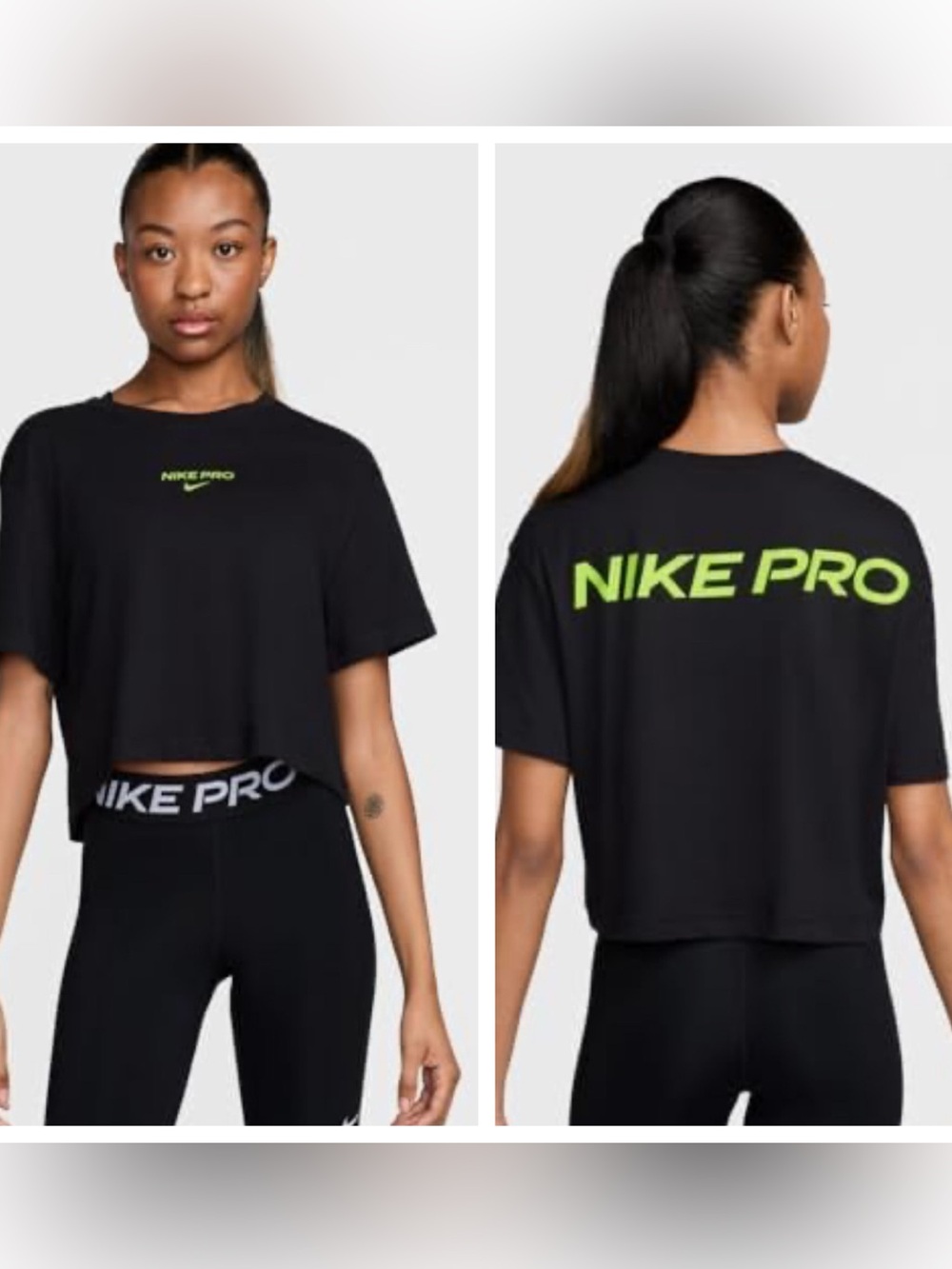 🆕 Nike PRO Cropped Tee Neon Green Logo Box Loose Oversized NWT Double Sided NEW